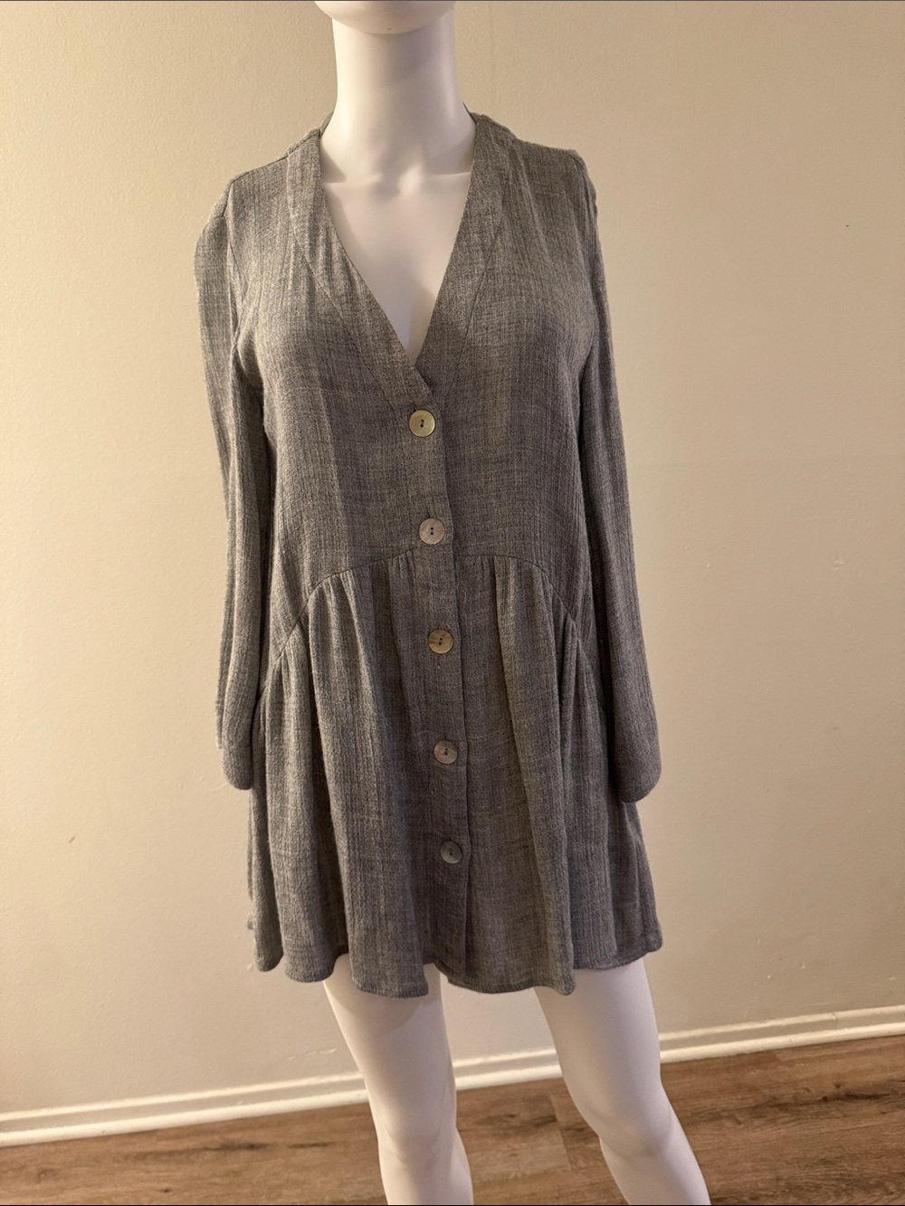 Zara Grey Long-Sleeve Button-Front V-Neck Dress